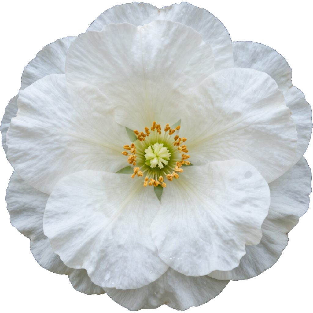 Fleur de pavot blanc aux pétales superposés et au cœur jaune-vert sur fond uni.
