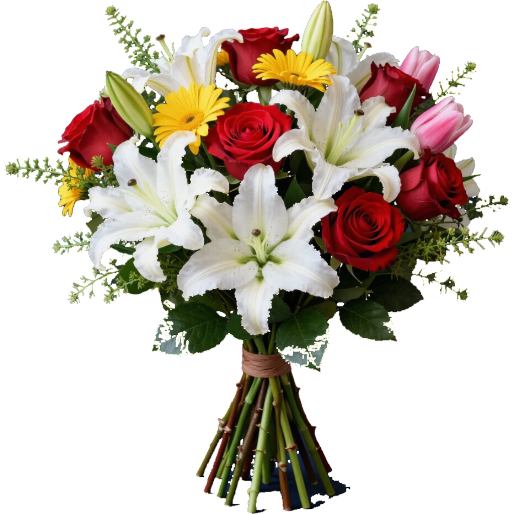Bouquet de roses rouges, de lys blancs, de marguerites jaunes et de fleurs roses, noué avec un ruban.