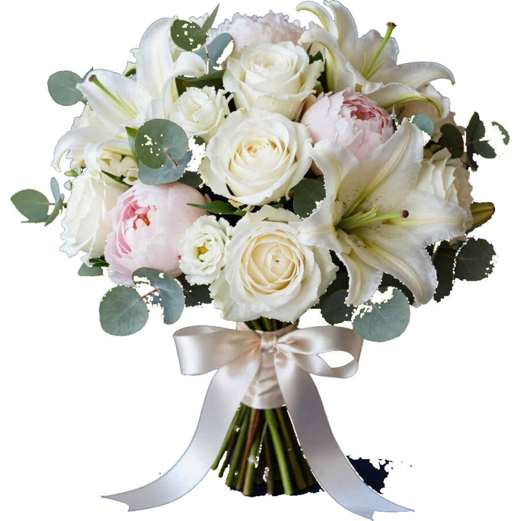 Bouquet de fleurs blanches composé de roses, de lys et d'eucalyptus, noué avec un ruban argenté.