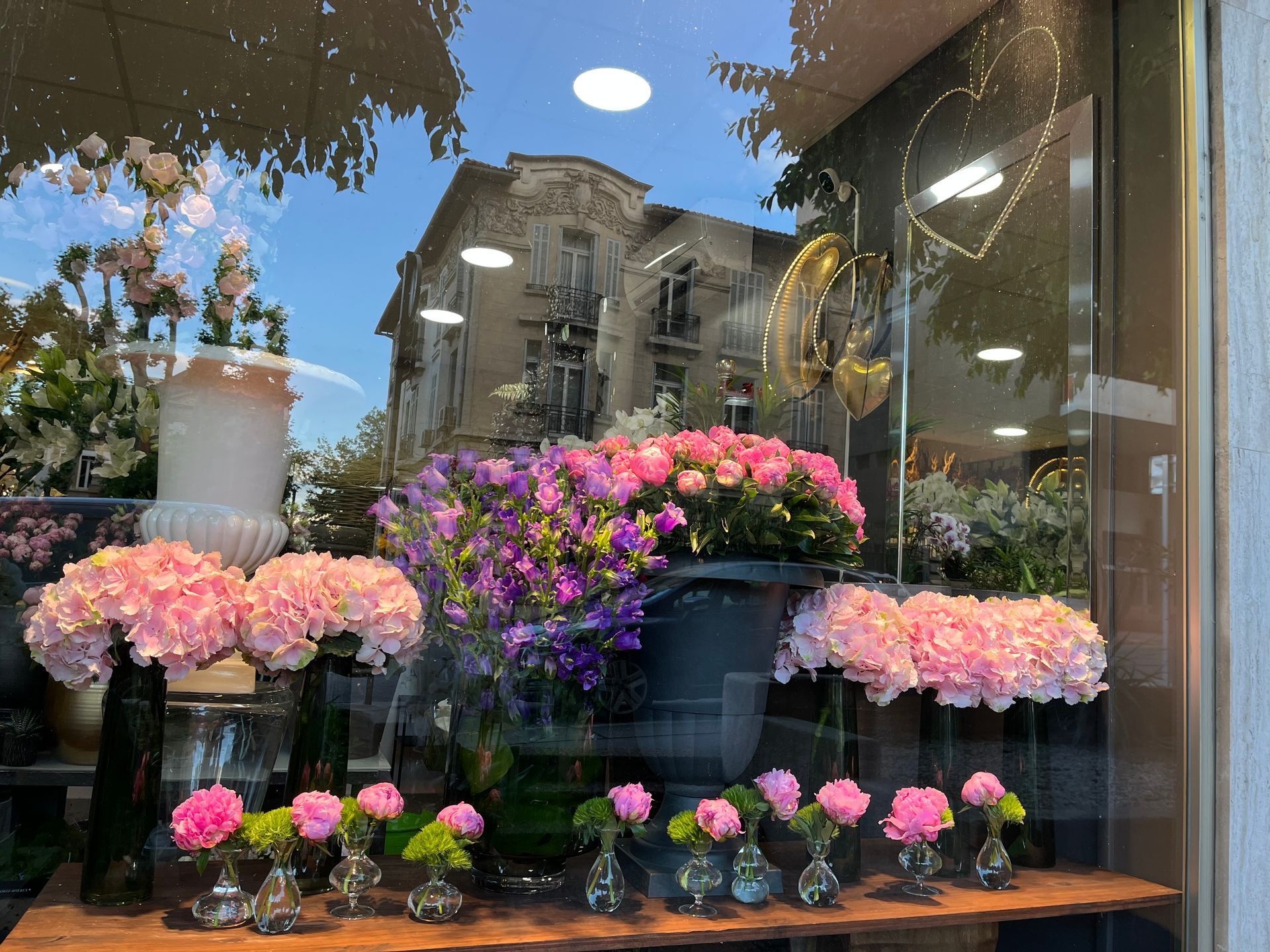 Vitrine d'un fleuriste avec des hortensias roses, violets et pêche en pots et en bouquets se reflétant sur une vitre.