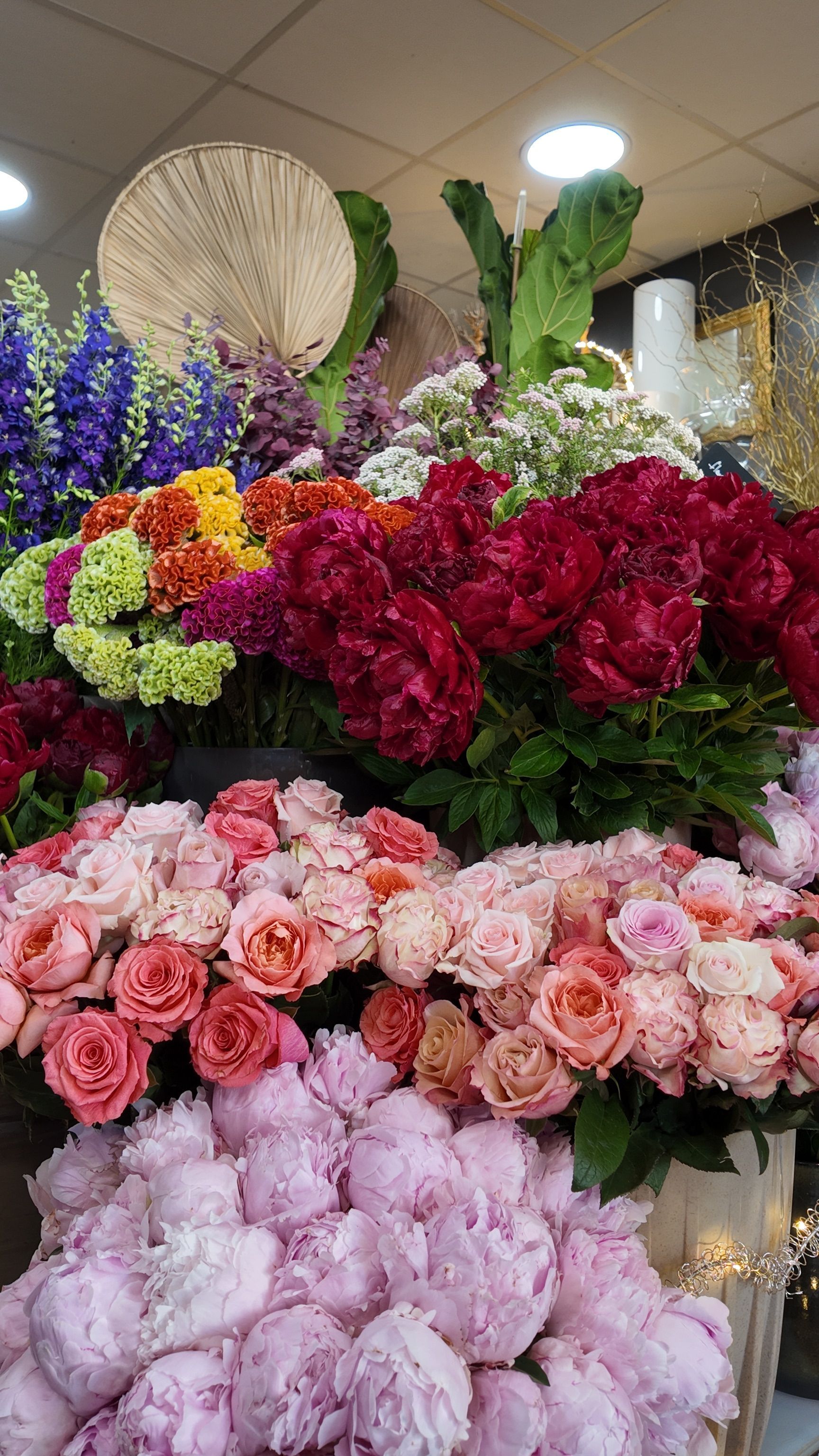 Un étalage de fleurs colorées avec des fleurs roses, rouges, violettes et bleues dans un magasin ou un marché.