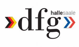Dfg Halle Saale Logo mit schwarzem Text und gelb-rot-blauen Winkeln