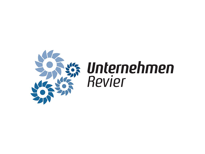 Ein Logo für das Unternehmen Revier mit blauen Zahnrädern auf weißem Hintergrund.