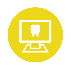 Círculo amarelo com um monitor de computador branco exibindo um dente.