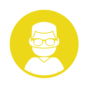 Silhueta branca de uma pessoa com óculos, dentro de um círculo amarelo.