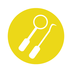 Ícone de espelho e sonda dentária brancos em círculo amarelo.