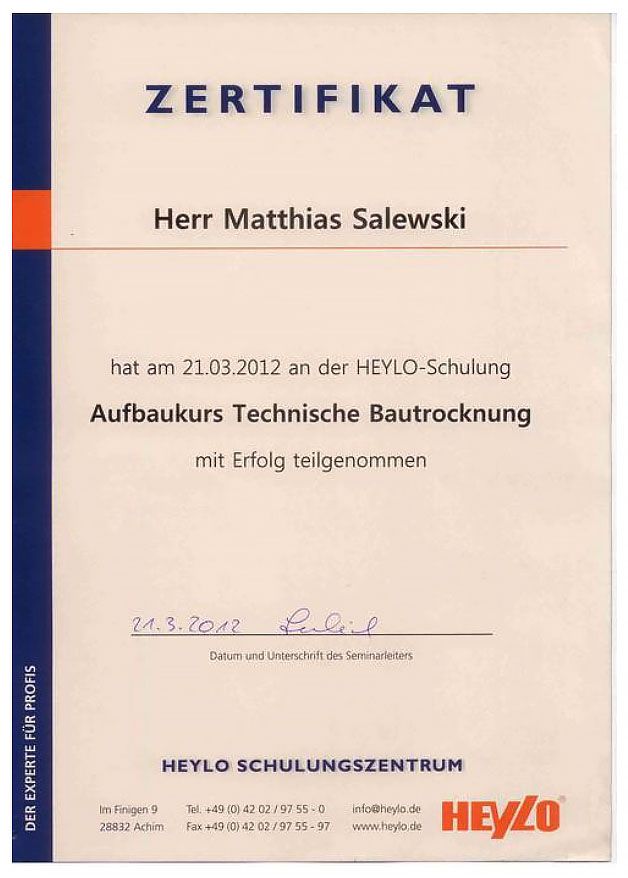Ein Zertifikat mit der Aufschrift „Zertifikat Herr Matthias Salewski“
