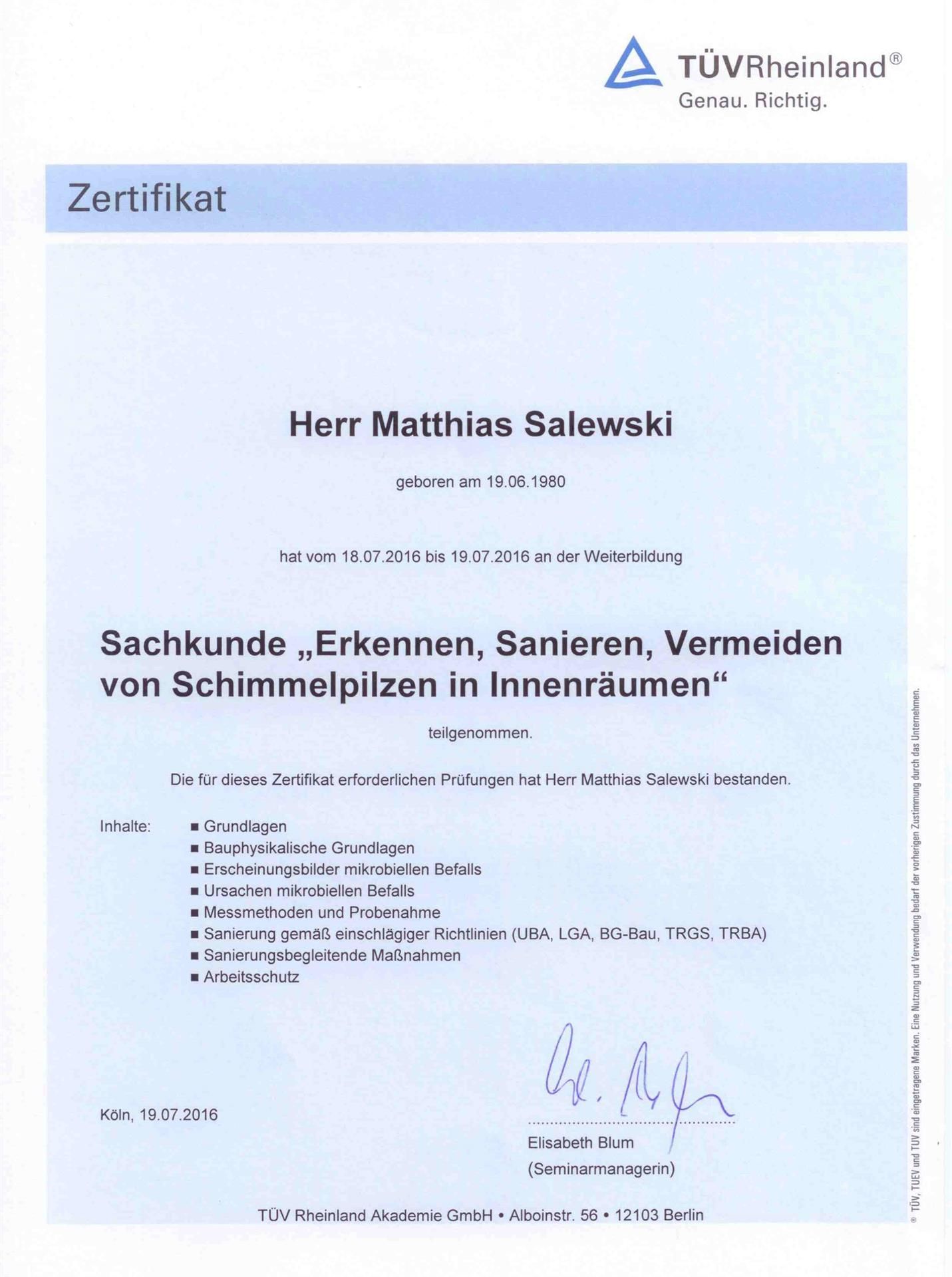 Eine Urkunde mit der Aufschrift Herr Matthias Salewiski