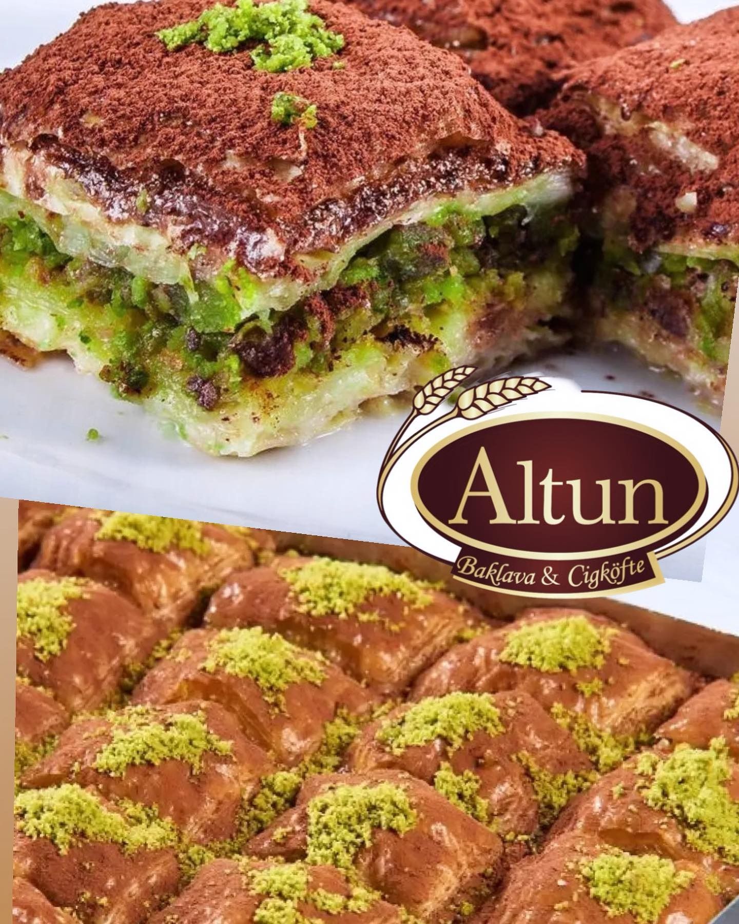 Verschiedene Pistazien-Baklava-Quadrate mit geschichteter grüner Füllung und einem cremefarbenen Altun-Logo