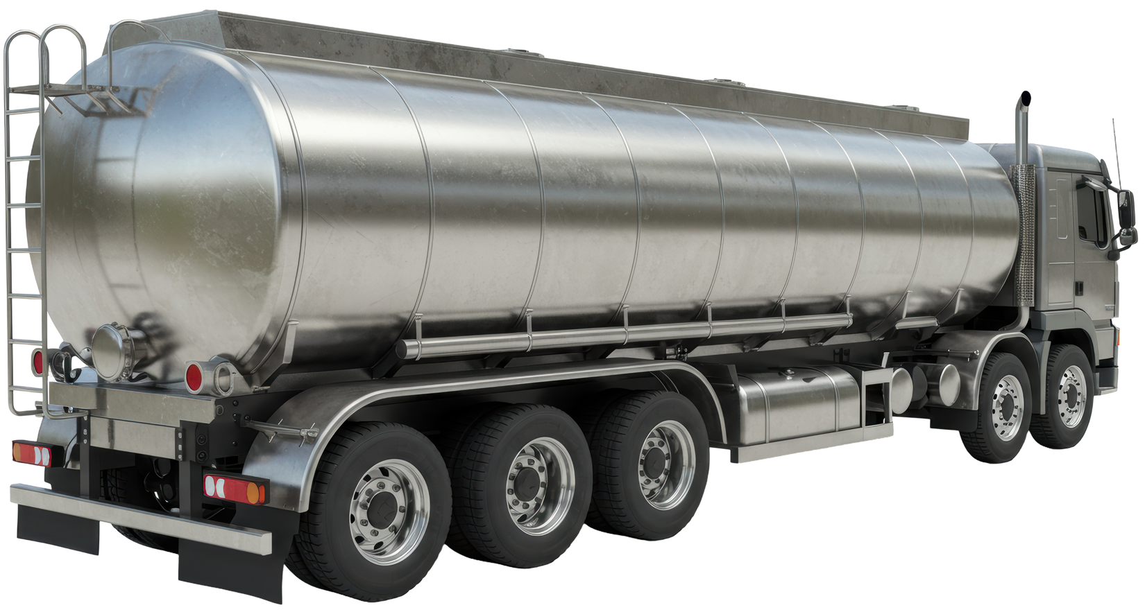 Camion-citerne argenté sur une autoroute, vue arrière.