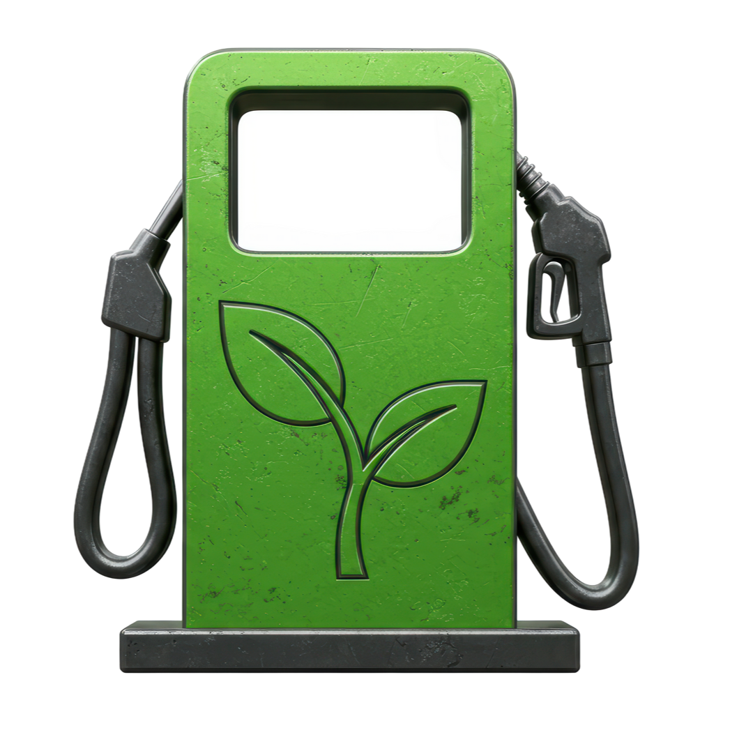 Pompe à carburant verte avec symbole de plante, suggérant des options de carburant respectueuses de l'environnement.