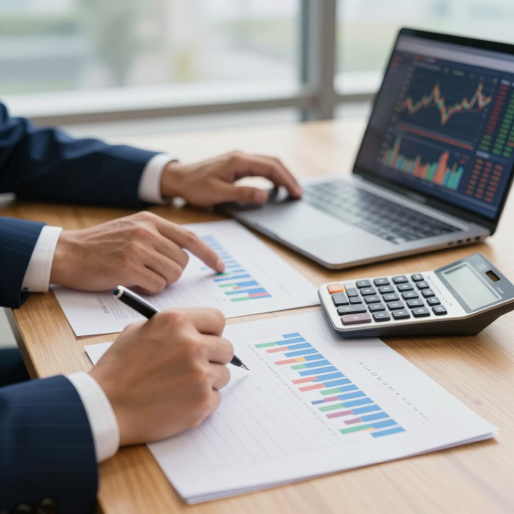 Manos revisando gráficos financieros junto a una computadora portátil y una calculadora sobre un escritorio.