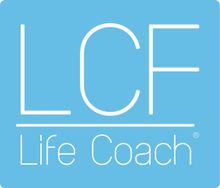 LCF Life Coach -logo vaaleansinisenä ja valkoisena sinisellä pohjalla