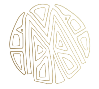 Abstrakti kultainen viivapiirros pyöreä tunnus geometrisilla kuvioilla valkoisella taustalla