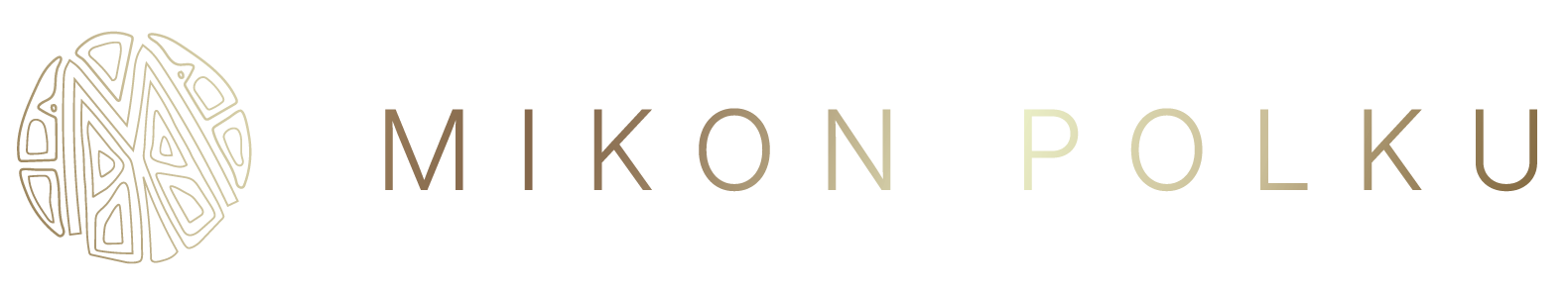 Logo: Teksti "MIKON POLKU" ja vasemmalla puolella teksturoitu py&ouml;re&auml; grafiikka.