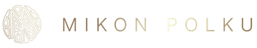 Mikon Polku -logo, jossa pyöreä tunnus ja kultainen teksti vaalealla taustalla
