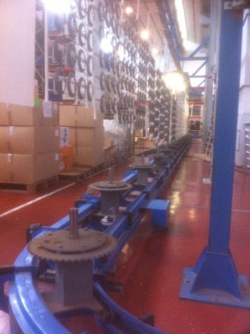 Un almacén con una cinta transportadora que lo atraviesa.