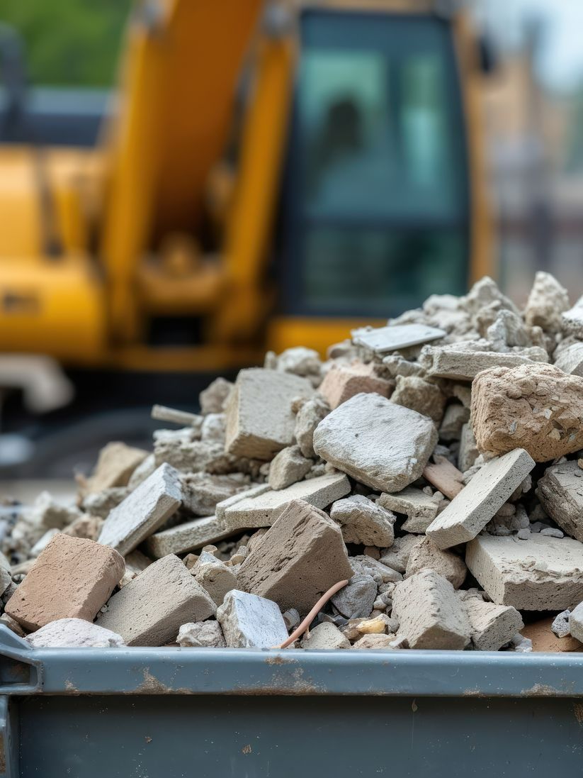 Gravats dans une benne à déchets - minipelle en arrière-plan