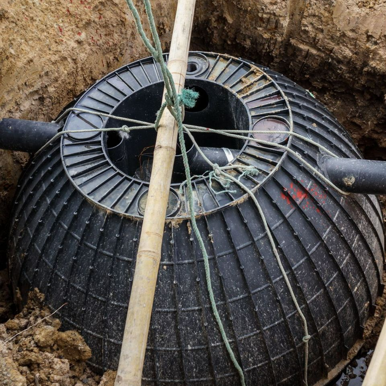 Assainissement individuel - pose d'une cuve noire et ronde