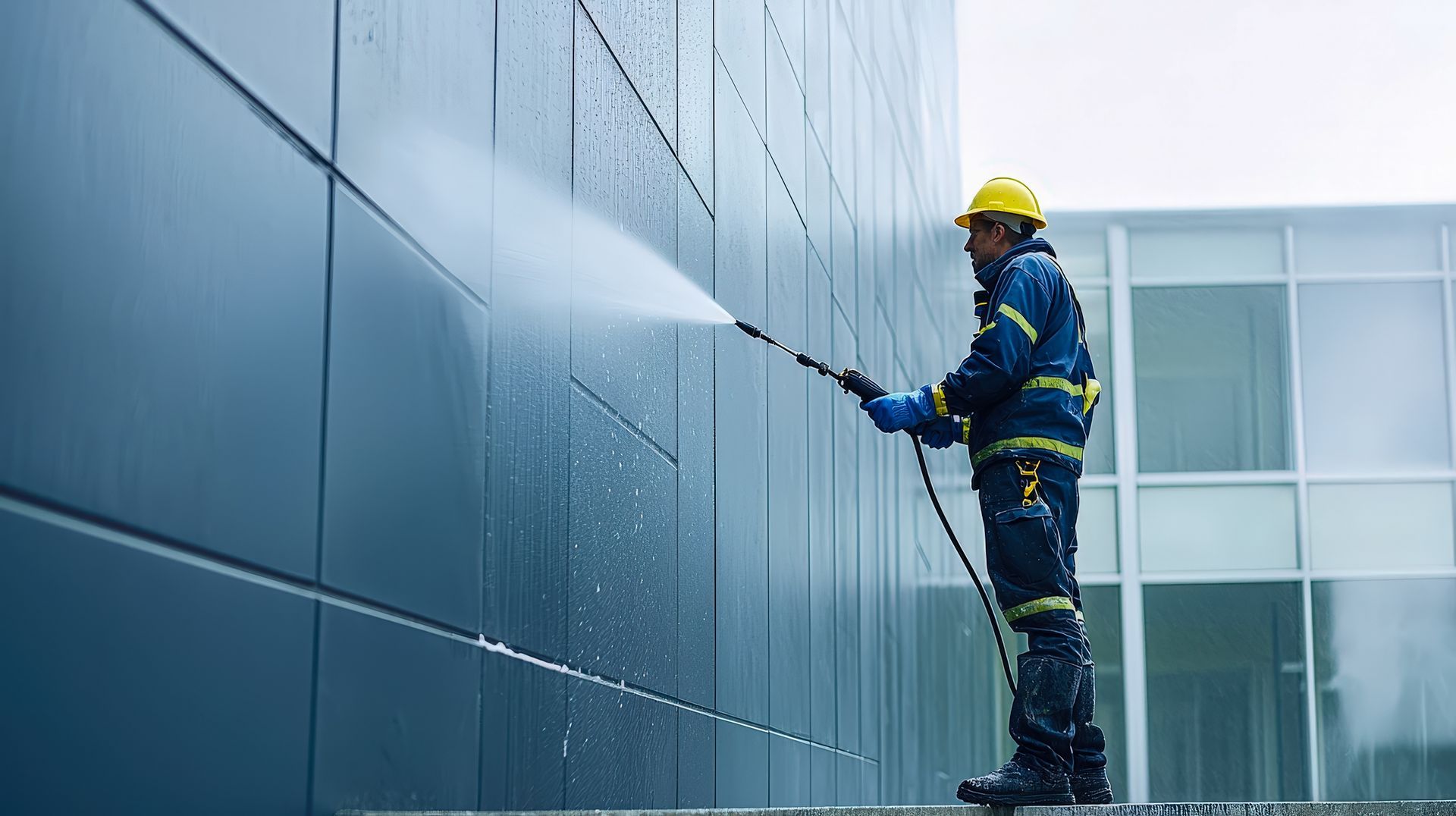 Professionnel en tenue de chantier nettoyant une façade