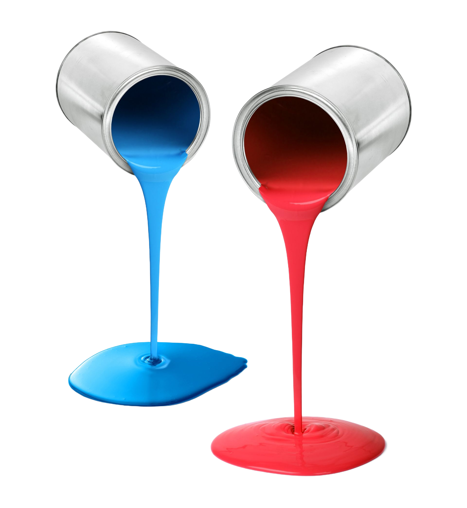 Deux pots de peinture déversent de la peinture bleue et rouge.