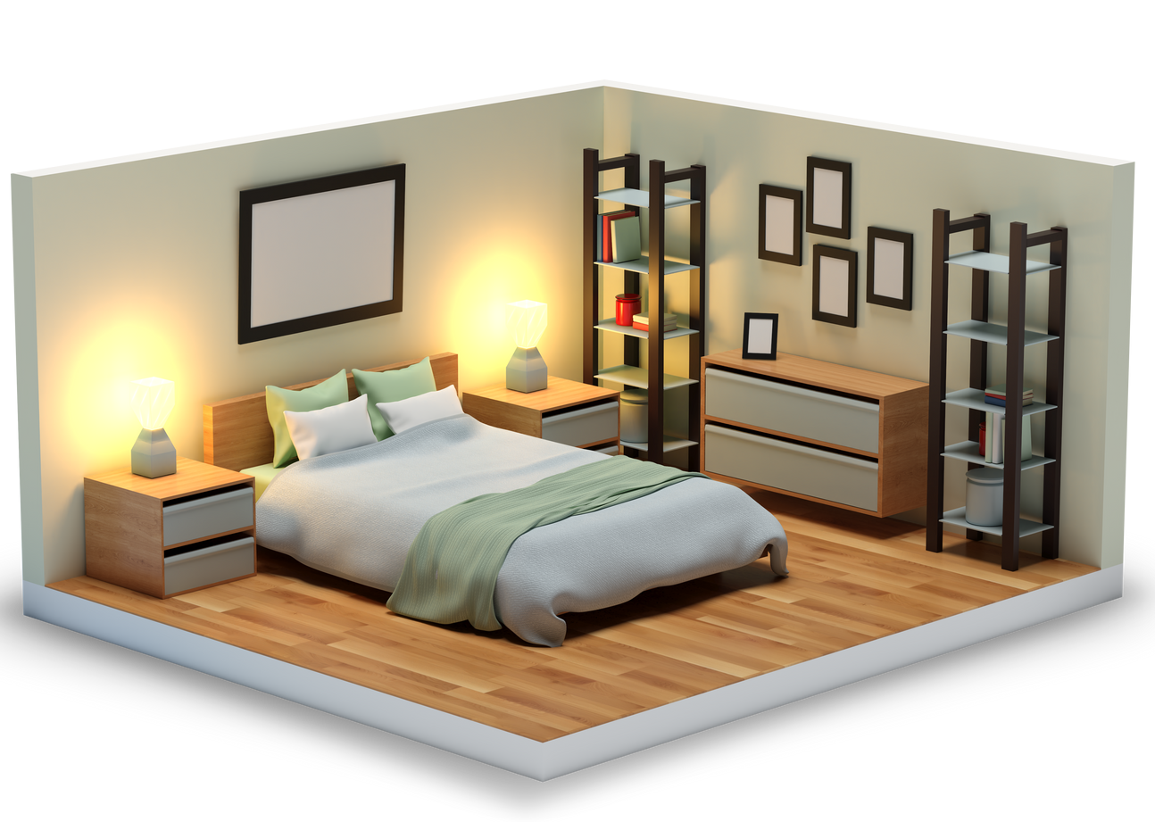 Vue d'une chambre avec un lit, des tables de chevet, des étagères, une commode, des tableaux encadrés.