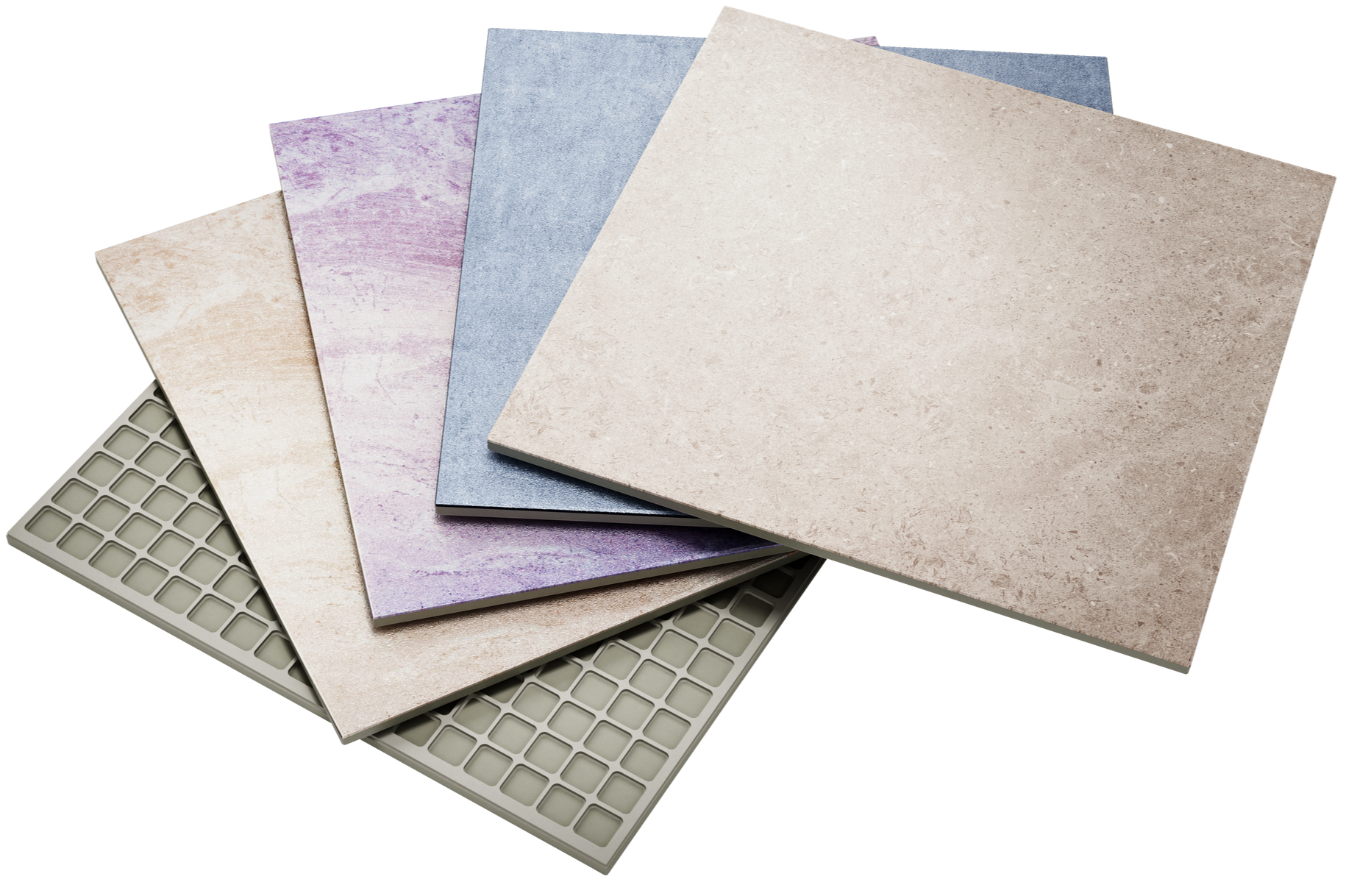 Cinq carreaux carrés de couleurs différentes : beige, lilas, bleu et marron. L’un d’eux montre son revers quadrillé.