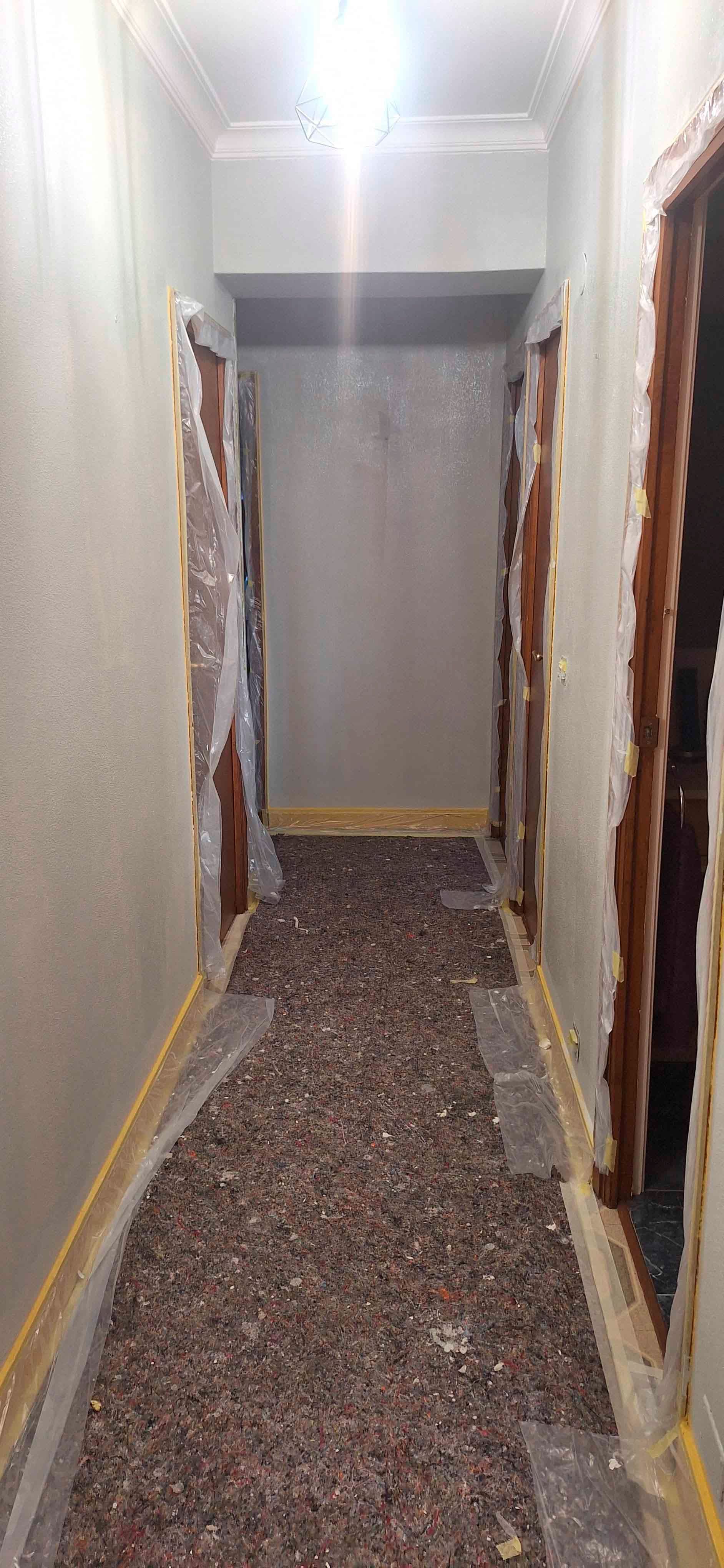 Un pasillo con una alfombra en el suelo y algunas puertas.