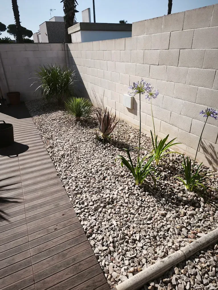 Patio soleado con parterres de grava, plantas jóvenes, muro blanco y terraza de madera junto a un camino pavimentado