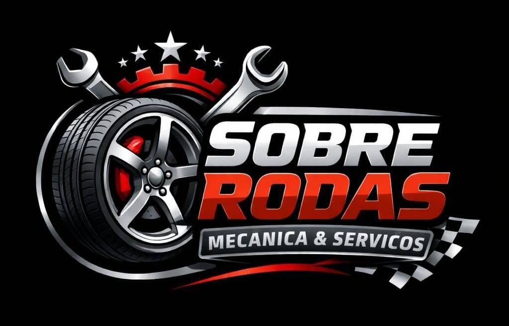 Logotipo da "Sobre Rodas Mecanica & Servicos" apresentando um pneu, duas chaves inglesas e uma engrenagem 