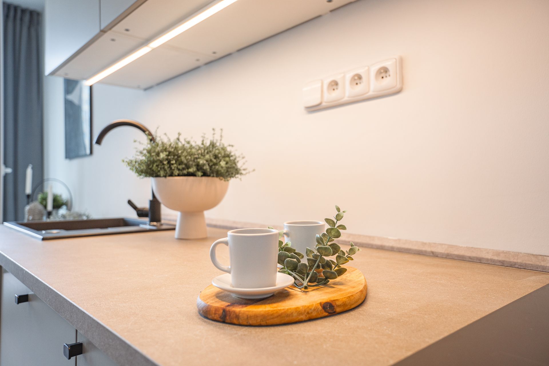 Plan de travail de cuisine avec une tasse blanche sur un plateau en bois à côté d'une plante en pot et de l'évier