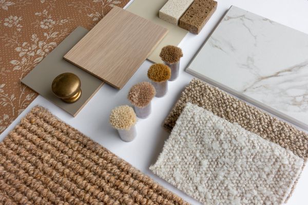 Échantillons de matériaux et de textures aux tons neutres disposés sur une surface blanche, notamment du bois, du marbre, des tissus tissés et une sphère en laiton