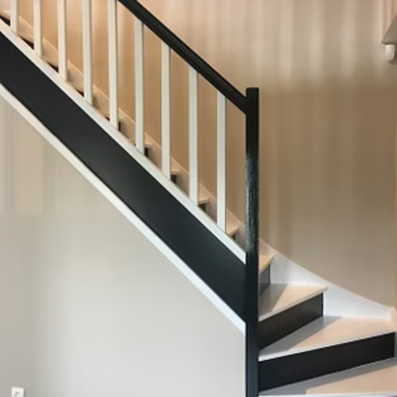 Escalier noir et blanc avec rampes blanches dans un couloir intérieur