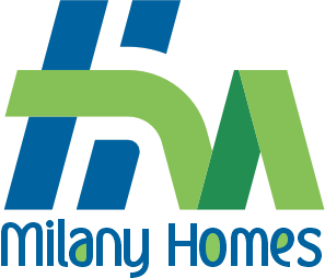 Milany Homes logo with blue and green stylized letters on a white background