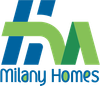 Milany Homes logo with blue and green stylized letters on a white background