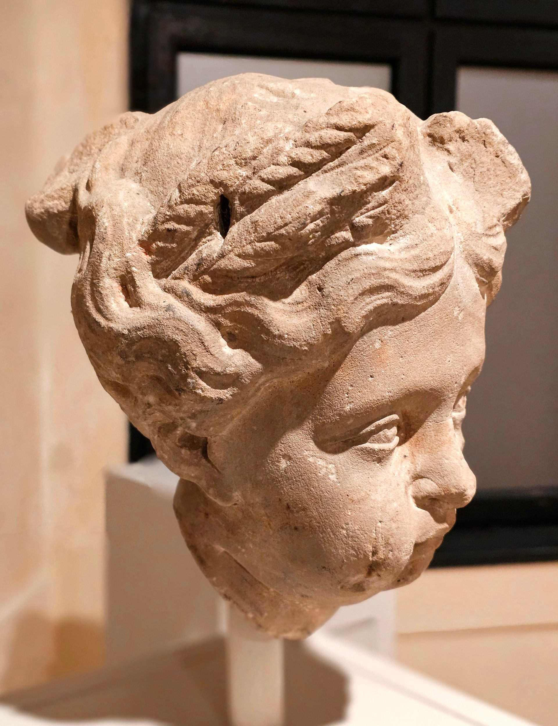 Eine Statue eines Frauenkopfes ist in einem Museum ausgestellt