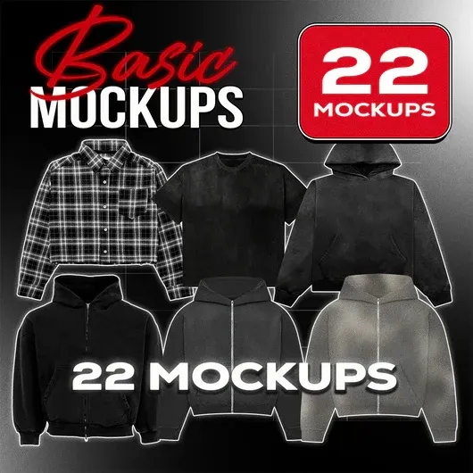 Maqueta de varias prendas de vestir de color negro: camisa a cuadros, camiseta, sudadera con capucha 