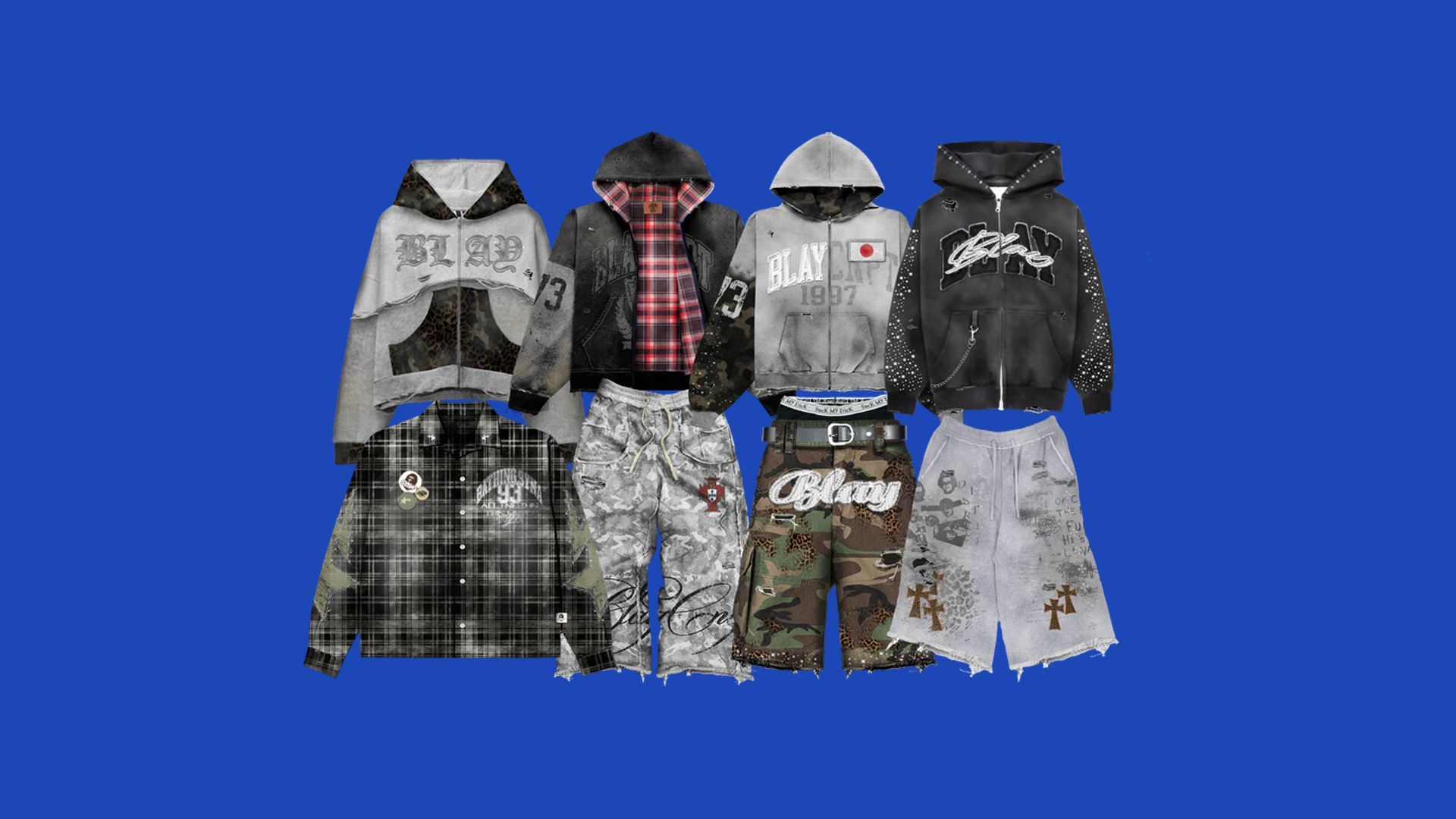 Surtido de sudaderas con capucha, chaquetas y pantalones cortos con distintos patrones y diseños gráficos, sobre fondo azul.