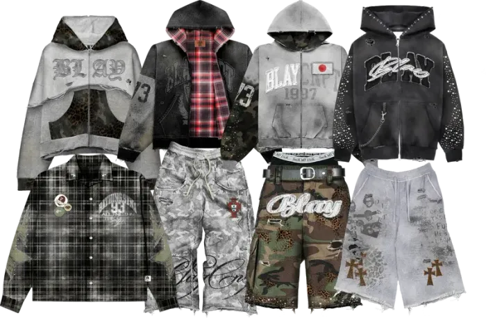 Prendas de vestir: sudaderas, chaquetas, pantalones y pantalones cortos, con diseños desgastados y gráficos.