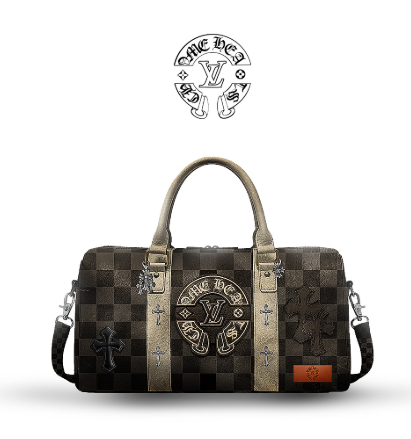 Bolso de mano Louis Vuitton con diseño Chrome Hearts y estampado de cuadros en marrón y tostado.