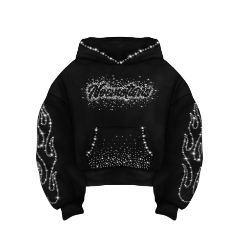 Sudadera negra con llamas de diamantes de imitación en las mangas, 