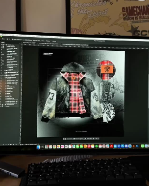 Una pantalla de computadora muestra un diseño gráfico de una chaqueta con capucha, forro a cuadros y una insignia.
