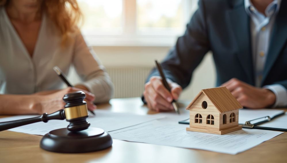 Avocats avec documents, marteau et modèle de maison sur la table.