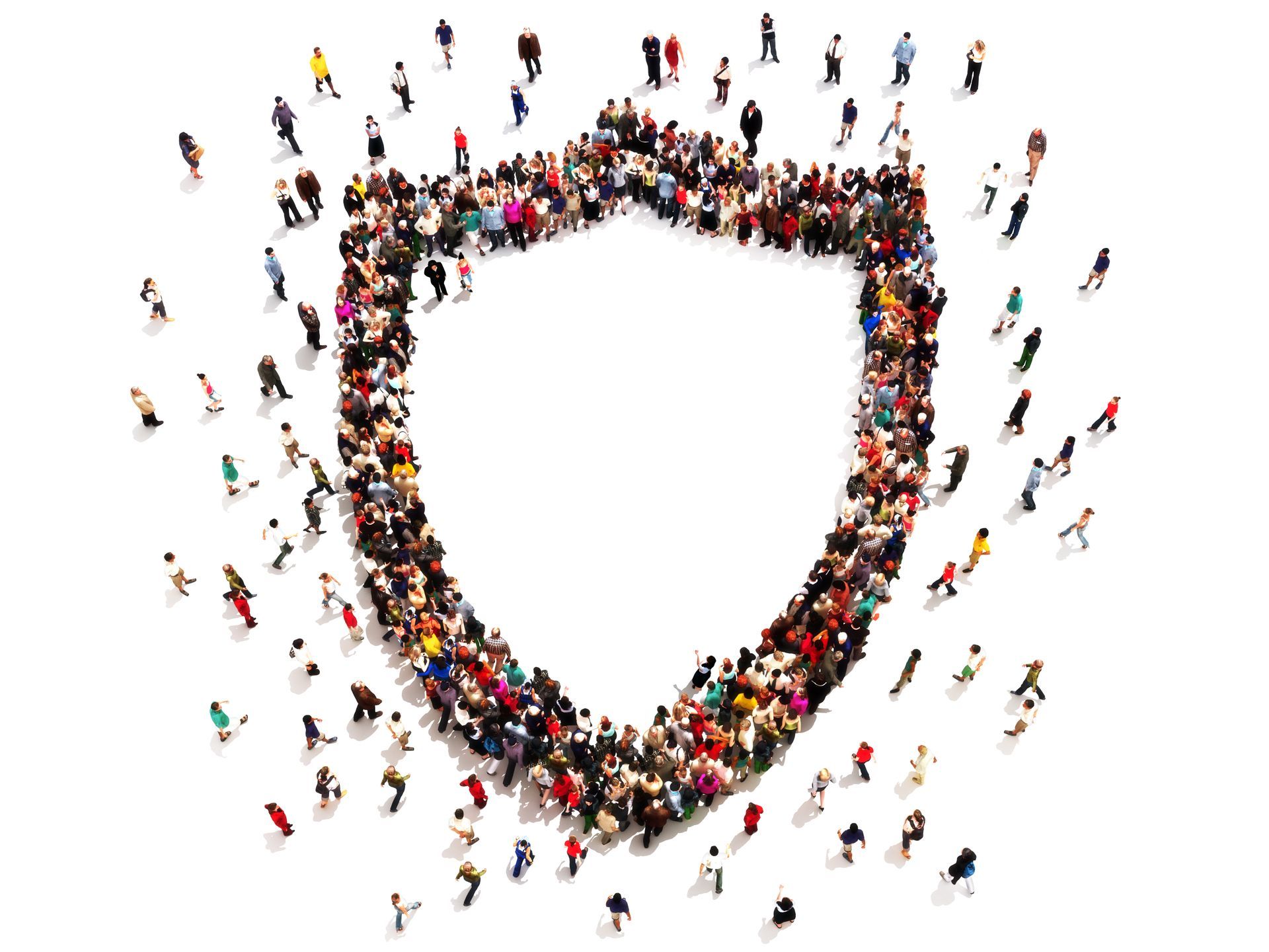 Des personnes formant une forme de bouclier, symbolisant la protection et la communauté.