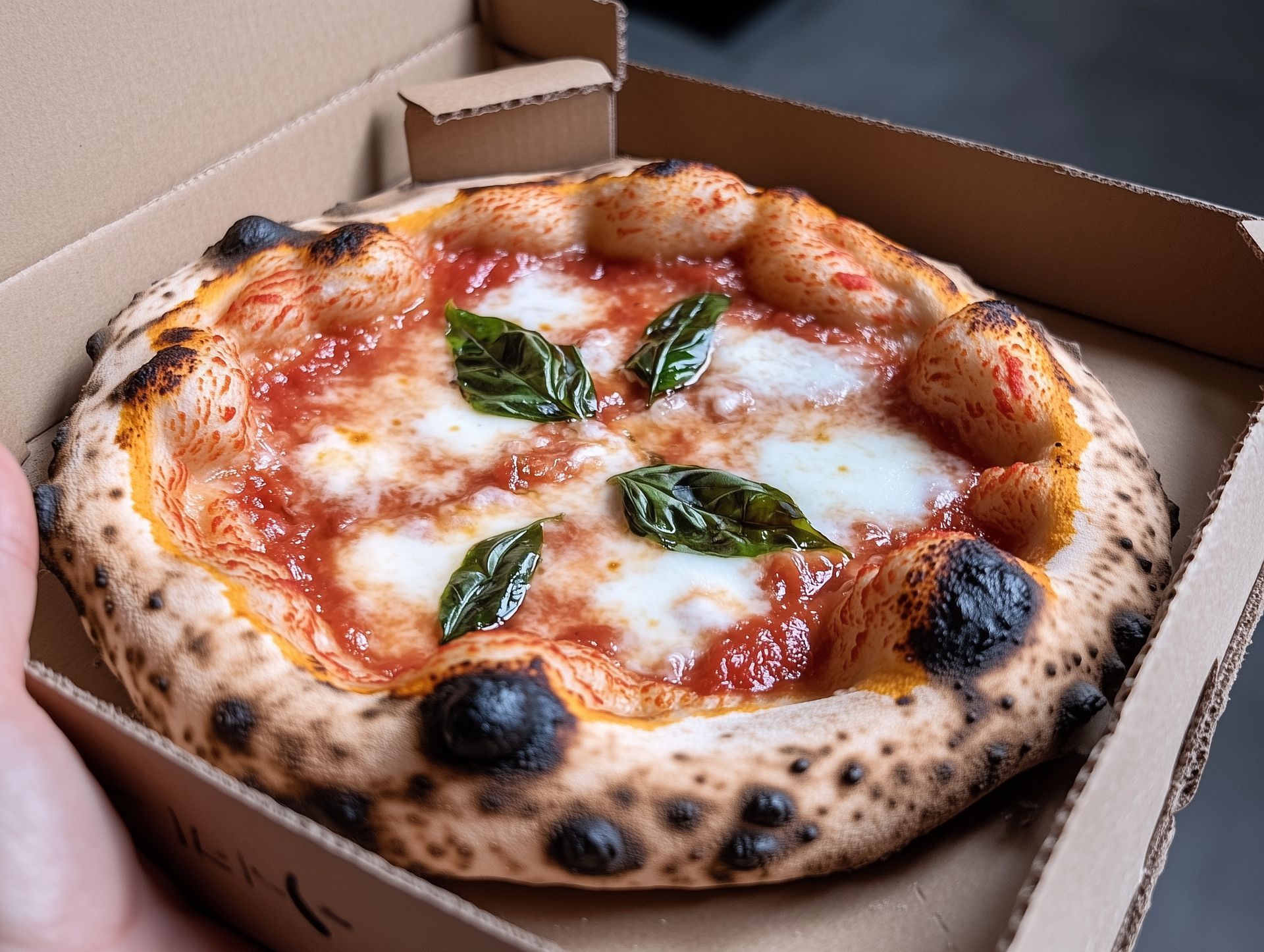 Pizza margherita dans une boîte en carton, garnie de feuilles de basilic et de mozzarella fondue.