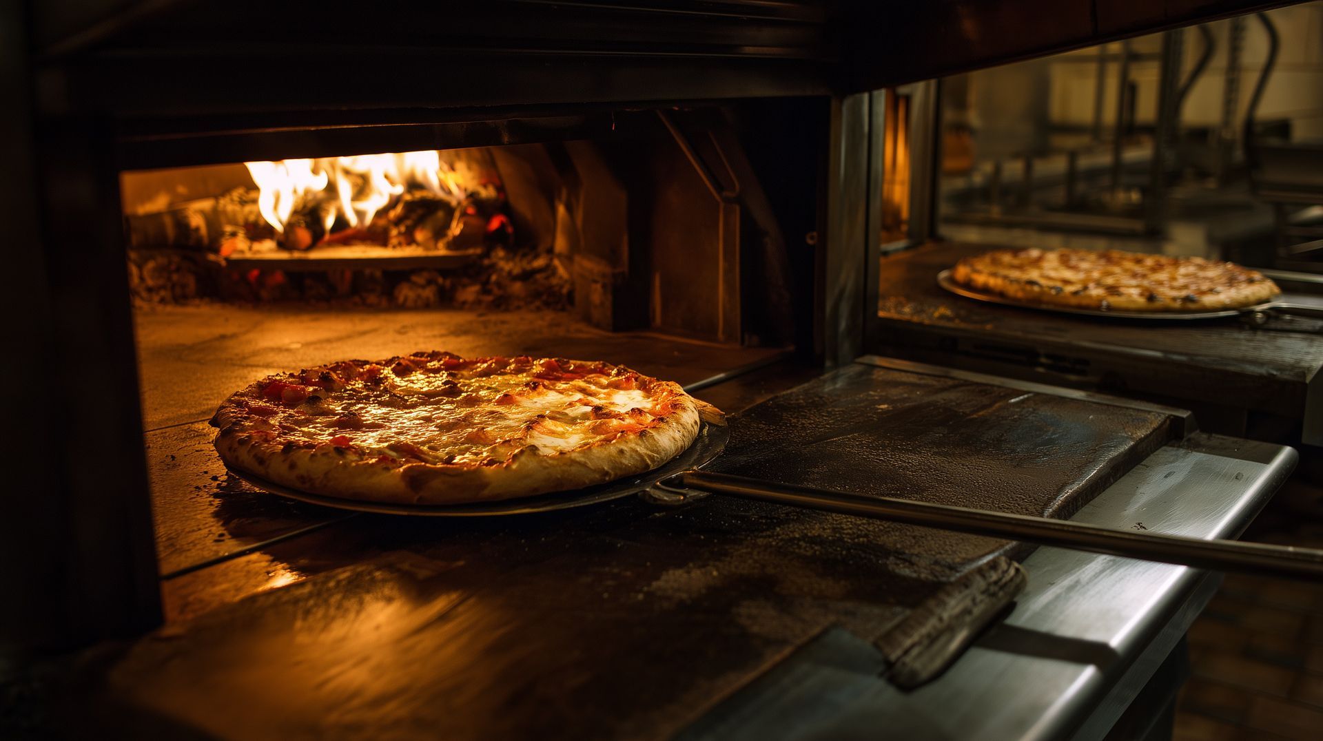 Des pizzas cuisent dans un four à bois, une pizza dorée au premier plan et une autre en arrière-plan.