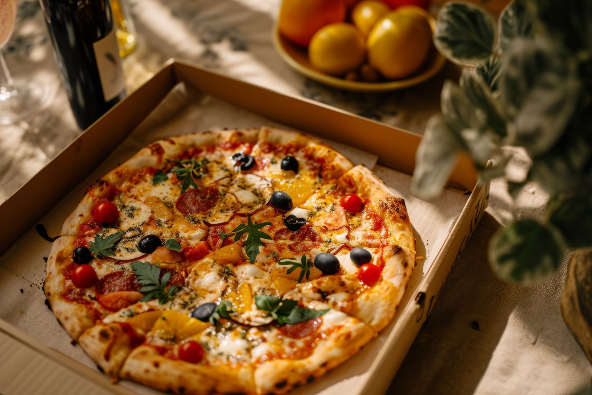 Pizza aux légumes frais dans une boîte, posée sur une table, avec des fruits et une plante en arrière-plan.
