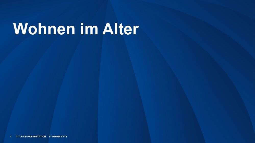 Blaue Titelfolie mit der Aufschrift „Wohnen im Alter“ und kleiner weißer Schrift unten links.