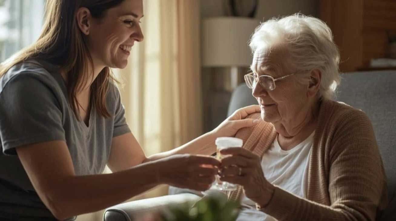 Una cuidadora sonriente ayuda a una persona mayor entregándole un pequeño recipiente con su medicamento en una habitación luminosa.