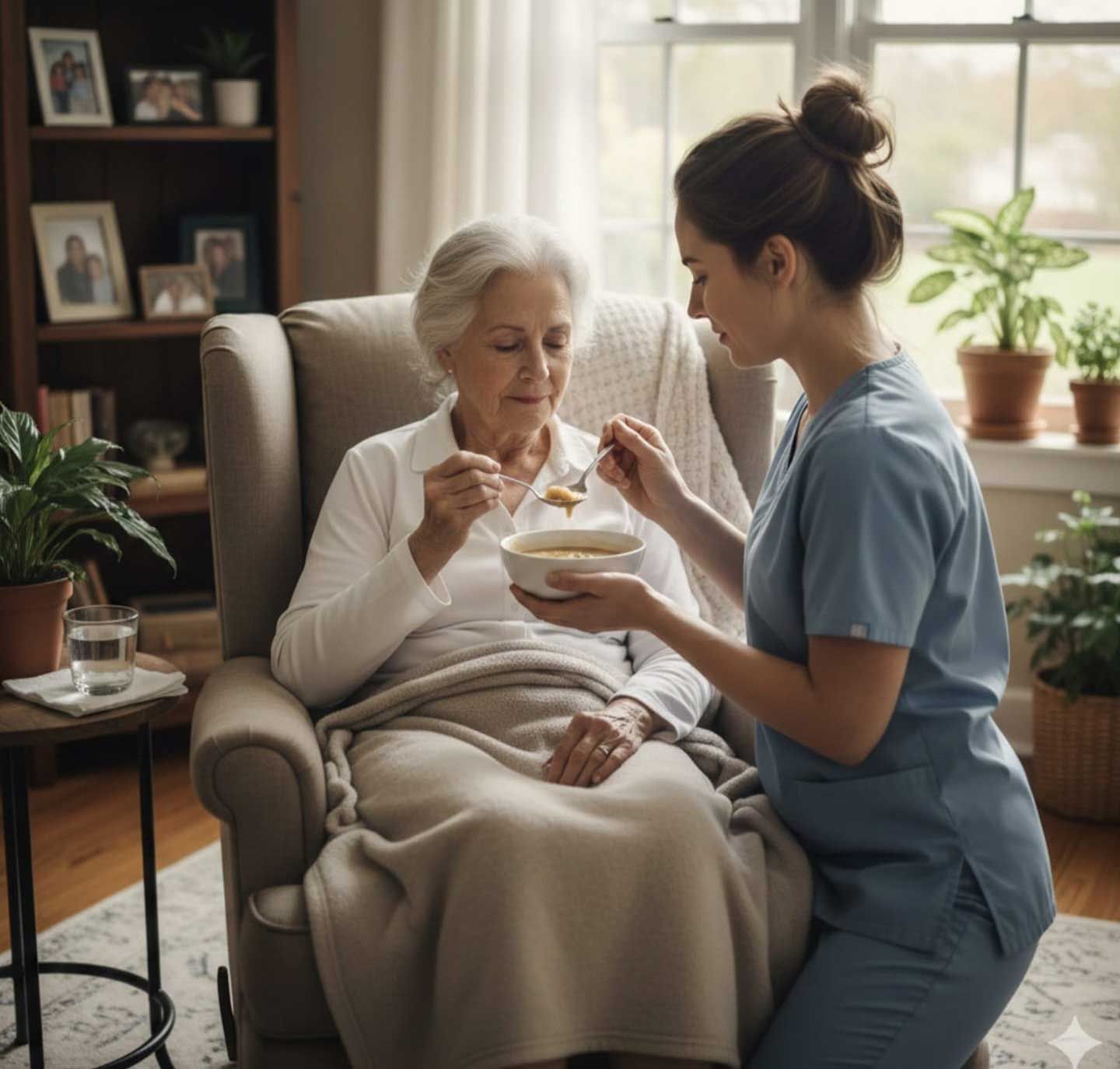 Una cuidadora vestida con uniforme azul le da de comer un tazón de sopa a una persona mayor sentada en un sillón en una acogedora sala de estar bañada por el sol.